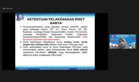 Universitas BSI (Bina Sarana Informatika), mengadakan webinar sosialiasi tugas akhir untuk mahasiswa semester 6 dengan tema ”Menghasilkan karya Ilmiah yang Berkualitas”. Kegiatan ini berlangsung secara virtual melalui platform Zoom dan dihadiri oleh seluruh mahasiswa semester 6 Prodi Hubungan Masyarakat Universitas BSI, pada Rabu (23/2/2022).