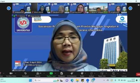 Universitas BSI (Bina Sarana Informatika) sebagai Kampus Digital Kreatif menggelar Sosialisasi Pelaksanaan Program Praktisi Mengajar Angkatan 4 Tahun 2024. Acara ini dihadiri oleh 90 peserta dan dilaksanakan secara daring melalui platform Zoom pada Jumat (5/4) lalu. Peserta terdiri dari Dosen Praktisi dan Dosen Pendamping yang terlibat dalam Program Praktisi Mengajar Angkatan 4 Tahun 2024.