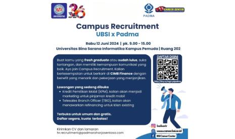 Universitas BSI (Bina Sarana Informatika) sebagai Kampus Digital Kreatif bekerja sama dengan PT Padma Raharja Sentosa, akan menyelenggarakan Campus Recruitment.