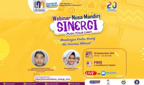 Universitas Nusa Mandiri akan menggelar webinar dengan tema Membangun Konten Kreatif Ala Generasi Milenial  pada Selasa,  28 September 2021, pukul 19.00-20.30 WIB.  