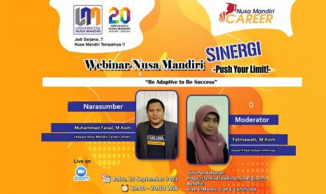 Universitas Nusa Mandiri (UNM) akan menggelar webinar Sinergi, Rabu, 15 September 2021.