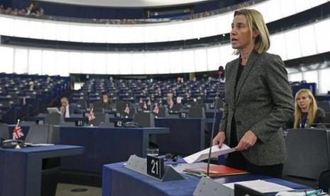 uropean Union High Representative for Foreign Affairs and Security Policy Federica Mogherini addresses the European Parliament during a debate on the recognition of Palestine statehood, in Strasbourg, November 26, 2014.