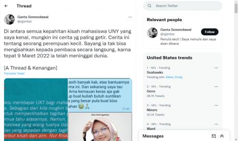 Utas yang ditulis akun @rgantas tentang mahasiswi Pendidikan Sejarah Fakultas Ilmu Sosial Universitas Negeri Yogyakarta (UNY) angkatan 2020, Nur Riska, yang berjuang meminta keringanan Uang Kuliah Tunggal (UKT) sampai akhir hayatnya. 