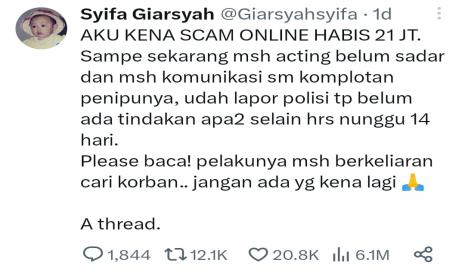 Viral warga Kota Depok menjadi korban penipuan medsos senilai Rp 21 juta.