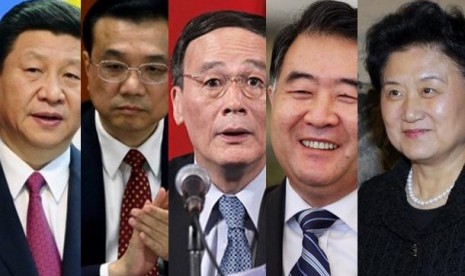 Wajah Kandidat Pemimpin Cina kiri ke kanan, Xi Jinping, Li Keqiang, Li Yunshan, Wang Yang, Li Yuandong