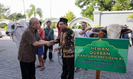  Wakil Gubernur DIY, KGPAA Paku Alam X menyerahkan sapi kurban kepada tujuh takmir masjid di DIY di Kompleks Kepatihan, Yogyakarta.