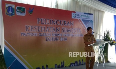 Wakil Gubernur DKI Jakarta Sandiaga Uno dalam sambutaan peresmian Universal Health Coverage (UHC) atau Jaminan Kesehatan Semesta Provinsi DKI Jakarta di Puskesmas Kecamatan Ciracas, Jalan H Baping, Jakarta Timur. 