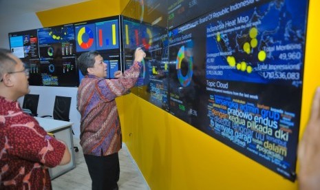 Wakil Ketua DPR Korkesra Fahri Hamzah saat berkunjung ke Sarana Digital Engagement Center di Gedung Indosat, Jakarta, Senin (20/3).