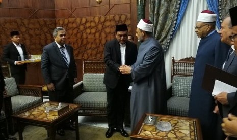 Wakil Ketua Umum Dewan Masjid Indonesia (DMI) Komjen Syafrudin (ketiga kiri) menyalami Grand Syeikh Al Azhar, Ahmad Muhammad Ath Thayyib dalam pertemuan di Kairo, Ahad (13/5).