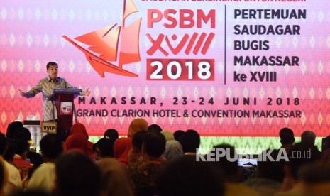 Wakil Presiden Jusuf Kalla membawakan sambutan saat pembukaan Pertemuan Saudagar Bugis Makassar (PSBM) ke-XVIII 2018. Tahun ini, PSBM XIX kembali akan digelar di Makassar.