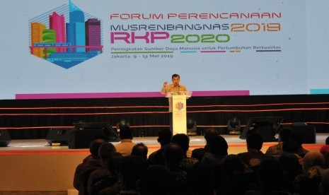 Wakil Presiden Jusuf Kalla saat memberikan sambutan  dalam acara Musrembang 2019, di Hotel Shangri-La, Jakarta, Kamis (9/5).