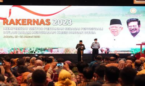 Wakil Presiden Maruf Amin saat memberi pengarahan dalam Rakernas Pembangunan Pertanian Tahun 2023, di Jakarta, Rabu (25/1/2023).