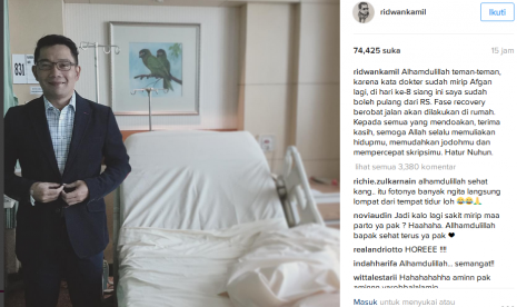 Wali Kota Bandung, Ridwan Kamil mengunggah fotonya yang menyatakan sudah sehat kembali dari sakit demam berdarah yang membuatnya harus dirawat selama beberapa hari di rumah sakit, Kamis (12/1).