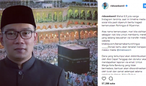 Wali Kota Bandung, Ridwan Kamil mengunggah videonya tentang tragedi kemanusiaan terhadap muslim Rohingya di Myanmar di akun Instagram pribadinya, Senin (4/9).