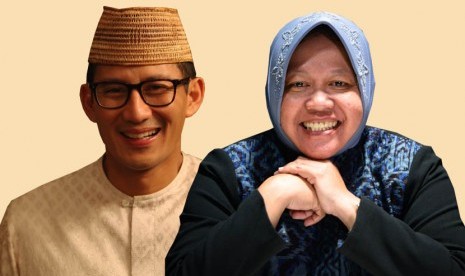 Wali Kota Surabaya, Tri Rismaharini (kanan) dan pengusaha Sandiaga Uno (kiri) yang digadang-gadang akan menjadi pasangan kuat di Pilgub DKI 2017.