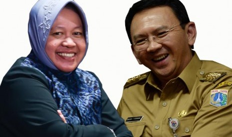 Wali Kota Surabaya, Tri Rismaharini (kiri) dan Gubernur DKI Jakarta, Basuki Tjahaja Purnama alias Ahok (kanan).