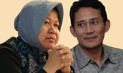 Wali Kota Surabaya Tri Rismaharini (kiri) dan pengusaha Sandiaga Uno (kanan) yang digadang-gadang akan menjadi pasangan kuat di Pilkada DKI 2017.