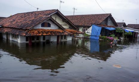 Warga berjalan di sekitar rumahnya yang tergenang banjir di Pekalongan, Jawa Tengah.