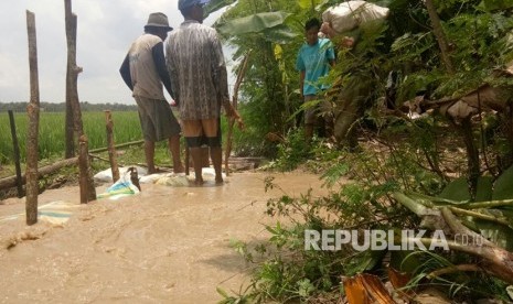 Warga di Blok Como, Desa Pilangsari, Kecamatan Jatibarang, Kabupaten Indramayu  bergotong royong menambal rembesan sungai Cimanuk dengan menggunakan karung tanah dan pasir, Jumat (23/2). 