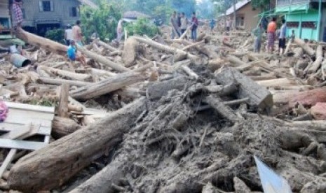 Warga melihat kayu gelondongan ilegal yang berserakan setelah hanyut dibawa banjir bandang di Kecamatan Tangse, Kabupaten Pidie, NAD, Senin (14/3). Perambahan hutan secara membabi buta sejak lima tahun belakangan ini menyebabkan perkampungan di bawah pegun