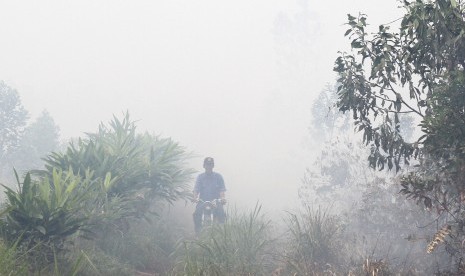 Warga melintas ditengah kepulan asap tebal kebakaran lahan gambut yang terjadi di Rimbo Panjang, Kampar, Riau, Kamis (30/7).