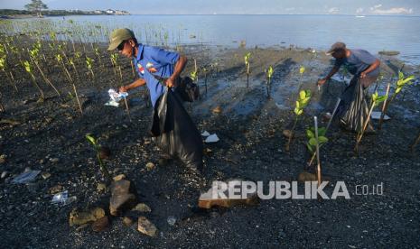 Warga memungut sampah saat aksi gotong royong membersihkan Pantai Dupa Indah di Palu, Sulawesi Tengah, Sabtu (5/6/2021). Aksi gotong royong membersihkan pantai oleh masyarakat tersebut sebagai bentuk kepedulian terhadap kelestarian lingkungan dan dalam rangka memperingati Hari Lingkungan Hidup Sedunia. 