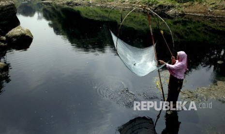 Warga mencari ikan di aliran Sungai Cileungsi yang berwarna hitam pekat akibat tercemar limbah di kawasan Bojong Kulur, Gunung Putri, Kabupaten Bogor, Jawa Barat, Senin (22/7/2019).