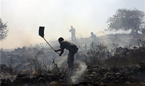 Warga Palestina berupaya memadamkan api yang membakar ladang zaitunnya akibat ulah warga pemukiman Israel.. 