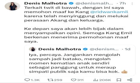 Warganet bernama Denis Malhotra akhirnya meminta maaf kepada calon gubernur (cagub) DKI Jakarta, M Ridwan Kamil.