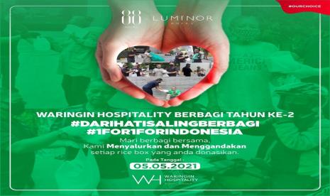 Waringin Hospitality Hotel Group yang menaungi 24 unit hotel di Indonesia kembali mengajak anda untuk berpartisipasi dalam program sosial untuk masyarakat dengan tema “Dari Hati Saling Berbagi #1FOR1FORINDONESIA”. 