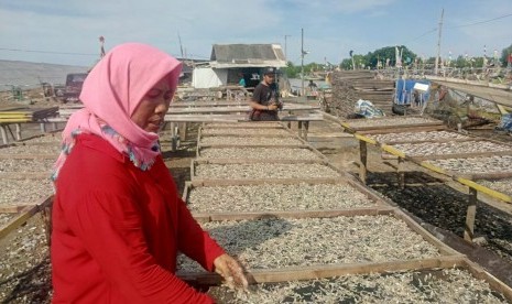 Warni, salah satu nasabah pembiayaan BTPN Syariah yang berhasil mengembangkan usaha penjualan ikan asinnya di Cirebon, Jawa Barat, Jumat (14/2).