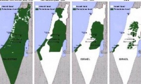 Wilayah Palestina sejak perampasan oleh Israel tahun 1946 terus berkurang. Hingga kini, wilayah Palestina hanya terbagi di Jalur Gaza dan Tepi Barat. (Ilustrasi)