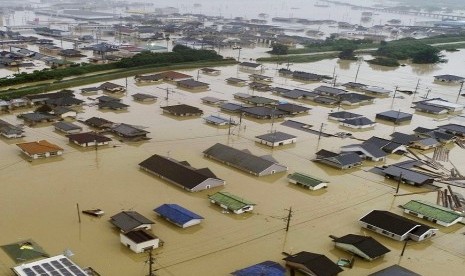 Wilayah yang diterjang banjir di Kurashiki, Perfektur Okayama, Jepang bagian Barat, Sabtu (7/7)