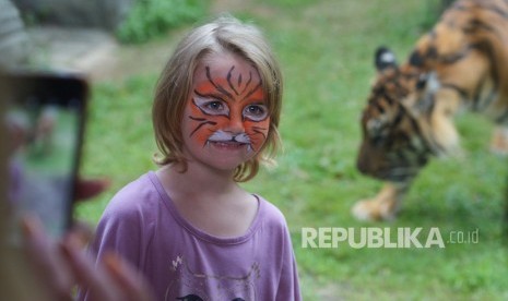 Wisatawan asing yang wajahnya dilukis menyerupai harimau berfoto dengan latar belakang Harimau Sumatra (Panthera Tigris Sumatrae) bernama Pandeka, saat turut merayakan Hari Harimau Sedunia (International Tiger Day) di Bali Zoo, Gianyar, Bali, Senin (29/7/2019). 