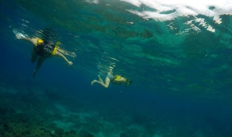 Wisatawan melakukan olahraga snorkeling di kawasan wisata Pulau Gili Air, Nusa Tenggara Barat, Jumat (21/4). Kepulauan Gili Meno yang menawarkan keindahan bawah laut itu menjadi salah satu destinasi wisata alam yang banyak diminati para wisatawan.