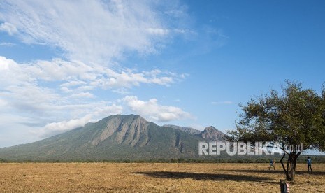 Wisatawan melihat gunung Baluran di padang sabana Bekol, Taman Nasional Baluran, Situbondo, Jawa Timur, Jumat (22/6). 