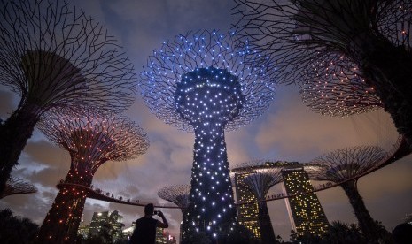 Wisatawan memotret Supertree Grove yang berada di  Garden by The Bay, Singapora, Senin (22/2)