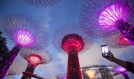 Wisatawan memotret Supertree Grove yang berada di  Garden by The Bay, Singapora, Senin (22/2). Tiket.com merekomendasikan beberapa destinasi liburan saat Ramadhan di dua negara tetangga yakni Malaysia dan Singapura.