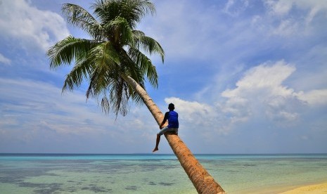 Wisatawan menaiki pohon kelapa di Pantai Tanjung Gelam, Pulau Karimunjawa, Jawa Tengah, Jumat (21/10)