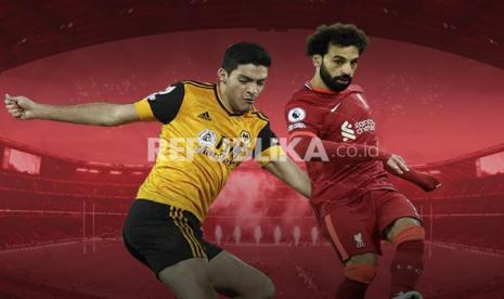 Striker Wolves Raul Jimenez Vs striker Liverpool Mohamed Salah (kanan).