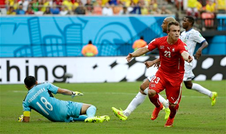 Xherdan Shaqiri usai mencetak gol ke gawang Honduras