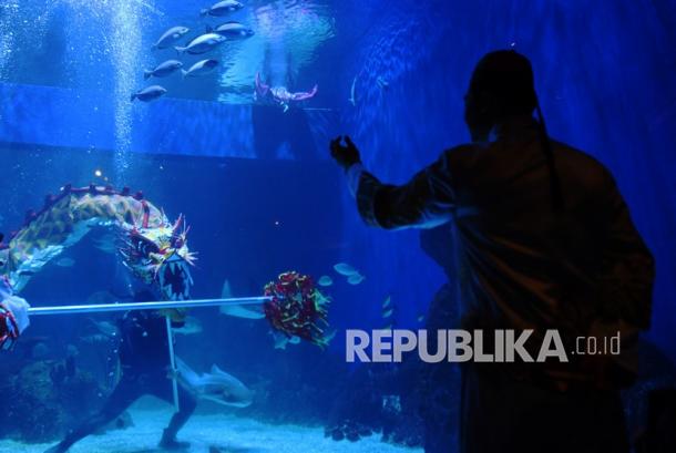 Penyelam melakukan atraksi liong menari saat pertunjukan mini opera bawah air di Jakarta Aquarium dan Safari di Mall Neo Soho, Jakarta, Kamis (27/1/2022). Dalam rangka perayaan Imlek, Jakarta Aquarium dan Safari menggelar pertunjukan mini opera liong menari di bawah air yang bisa disaksikan pengunjung mulai Kamis (27/1). 