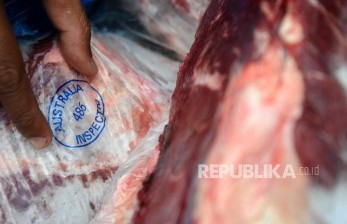   Pekerja sedang melakukan bongkar muatan daging sapi impor di gudang Bulog, Jakarta, Kamis (9/6). (Republika/Tahta Aidilla)