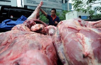  Petugas memeriksa daging sapi segar murah yang akan dilepas perdana di Kemendag, Jakarta Pusat, Senin (22/7).  (Republika/Aditya Pradana Putra)