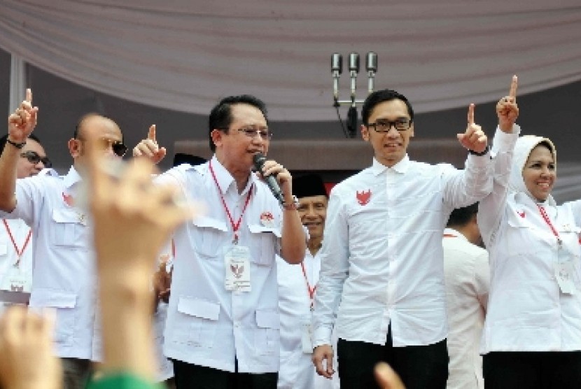 (dari kiri) Wakil Ketua Majelis Tinggi DPP Partai Demokrat Marzuki Alie, Sekretaris Jenderal Partai Demokrat Edhie Baskoro Yudhoyono, dan Ketua Fraksi Partai Demokrat Nurhayati Ali Asegaf saat Kampanye Akbar pasangan Capres dan Cawapres nomor urut 1 Prabow