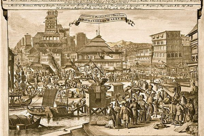 (ilustrasi) lukisan pelabuhan Banten pada abad ke 19