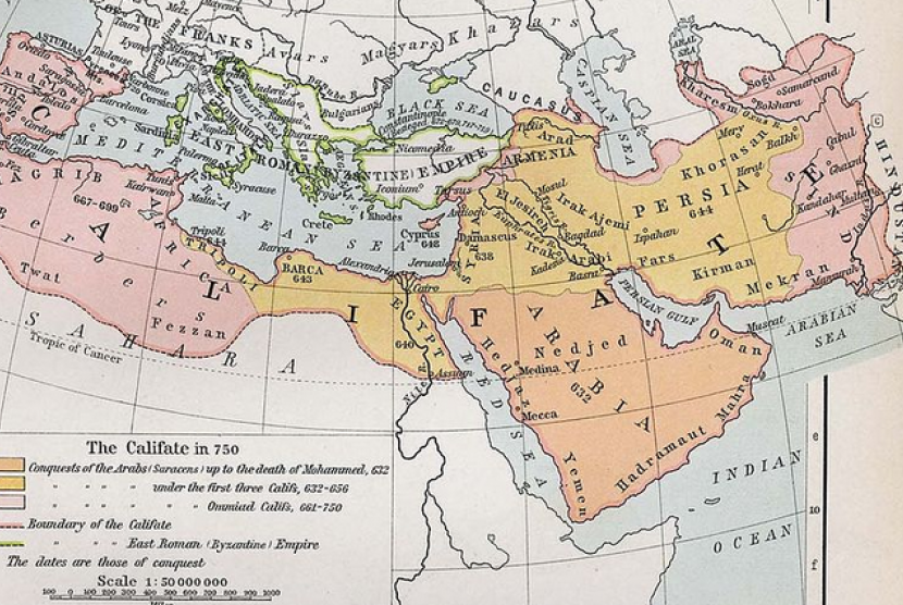 Kekuatan Angkatan Laut Di era Kekhalifahan Islam. Foto: (ilustrasi) peta yang menggambarkan luas wilayah Islam pasca-wafatnya Nabi SAW