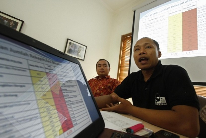  (ki-ka) Kordinator Nasional Jaringan Pendidikan Pemilih Untuk Rakyat (JPPR) Mochamad Afifudin dan Manager Kordinator Program JPPR Sunanto ketika menyampaikan hasil Analisis di Kantor JPPR, Cikini, Jakarta Pusat, Ahad (5/5). Dalam Analisisnya JPPR menemuka