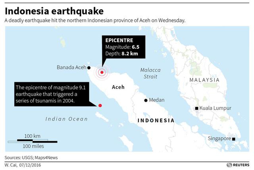 .Peta lokasi gempa yang melanda Pidie jaya Aceh.