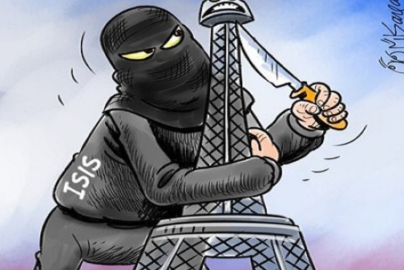 Kartunis Yordania, Osama Hajjah memilih menggambarkan Prancis yang romantis dengan begitu pilu. Seorang perempuan cantik menangis dengan latar belakang Menara Eiffel tampak di kejauhan. 